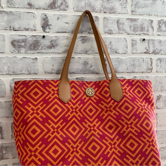 Tory Burch • Large Geometric Canvas Tote • Orange & Pink - Picture 2 of 14